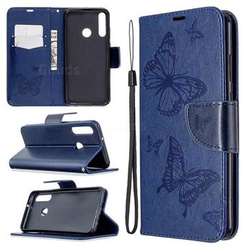Embossing Double Butterfly Leather Wallet Case for Huawei Y6p - Dark Blue
