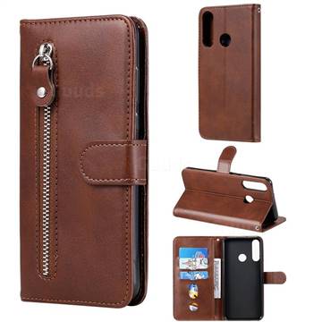 Retro Luxury Zipper Leather Phone Wallet Case for Huawei Y6p - Brown