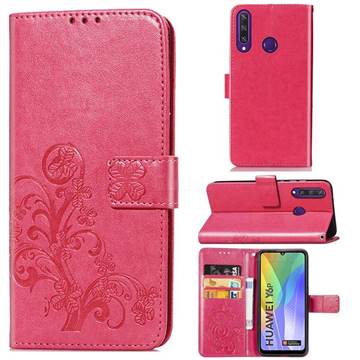 Embossing Imprint Four-Leaf Clover Leather Wallet Case for Huawei Y6p - Rose Red