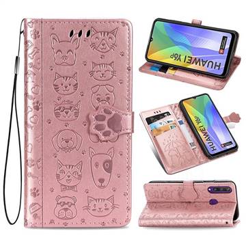 Embossing Dog Paw Kitten and Puppy Leather Wallet Case for Huawei Y6p - Rose Gold