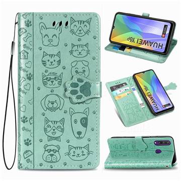 Embossing Dog Paw Kitten and Puppy Leather Wallet Case for Huawei Y6p - Green