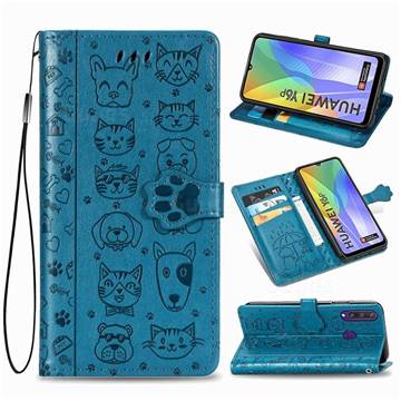 Embossing Dog Paw Kitten and Puppy Leather Wallet Case for Huawei Y6p - Blue