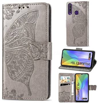 Embossing Mandala Flower Butterfly Leather Wallet Case for Huawei Y6p - Gray