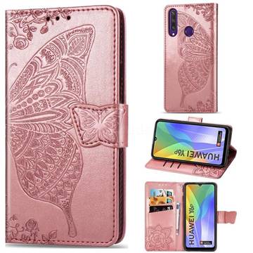 Embossing Mandala Flower Butterfly Leather Wallet Case for Huawei Y6p - Rose Gold
