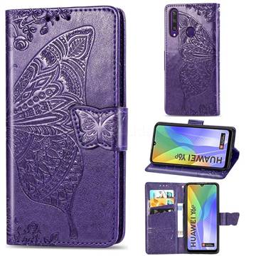 Embossing Mandala Flower Butterfly Leather Wallet Case for Huawei Y6p - Dark Purple