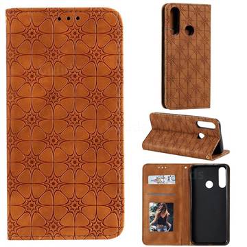 Intricate Embossing Four Leaf Clover Leather Wallet Case for Huawei Y6p - Yellowish Brown