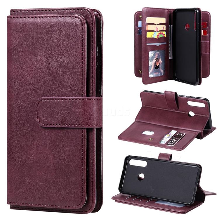 Multi-function Ten Card Slots and Photo Frame PU Leather Wallet Phone Case Cover for Huawei Y6p - Claret