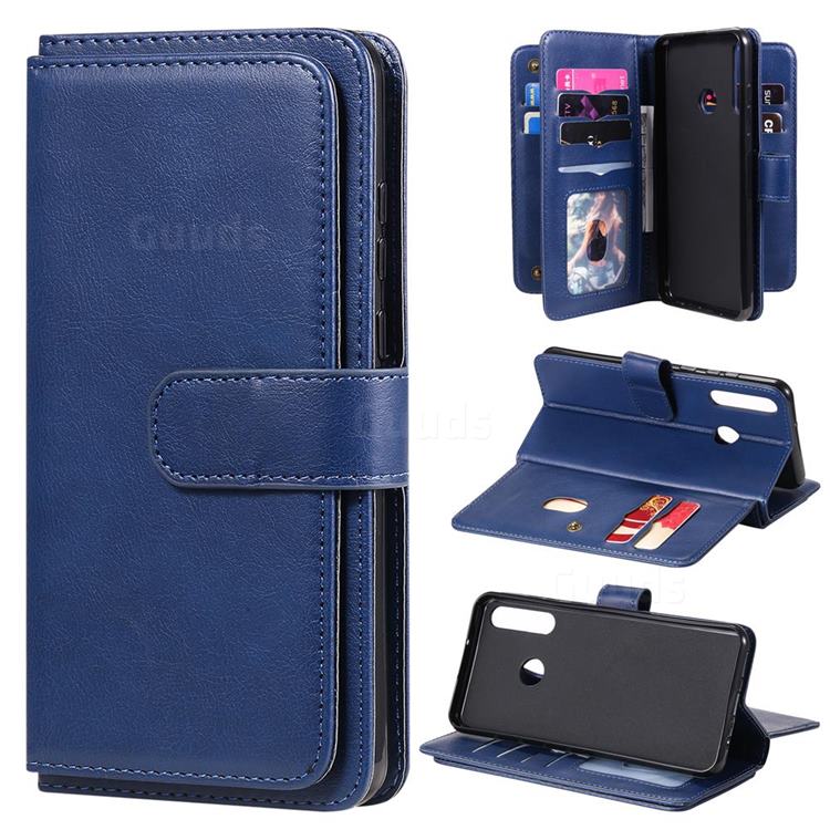 Multi-function Ten Card Slots and Photo Frame PU Leather Wallet Phone Case Cover for Huawei Y6p - Dark Blue