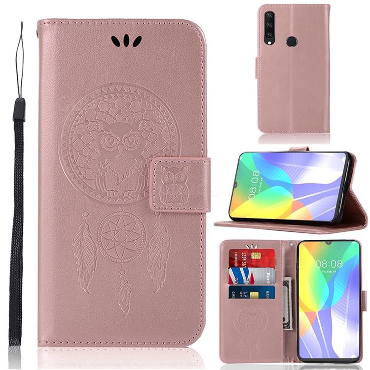 Intricate Embossing Owl Campanula Leather Wallet Case for Huawei Y6p - Rose Gold