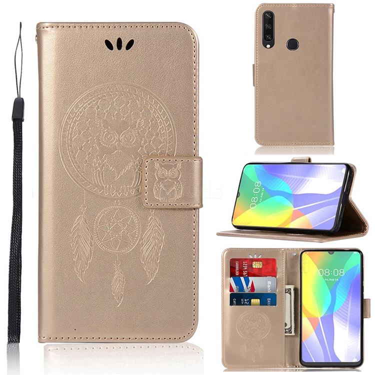 Intricate Embossing Owl Campanula Leather Wallet Case for Huawei Y6p - Champagne