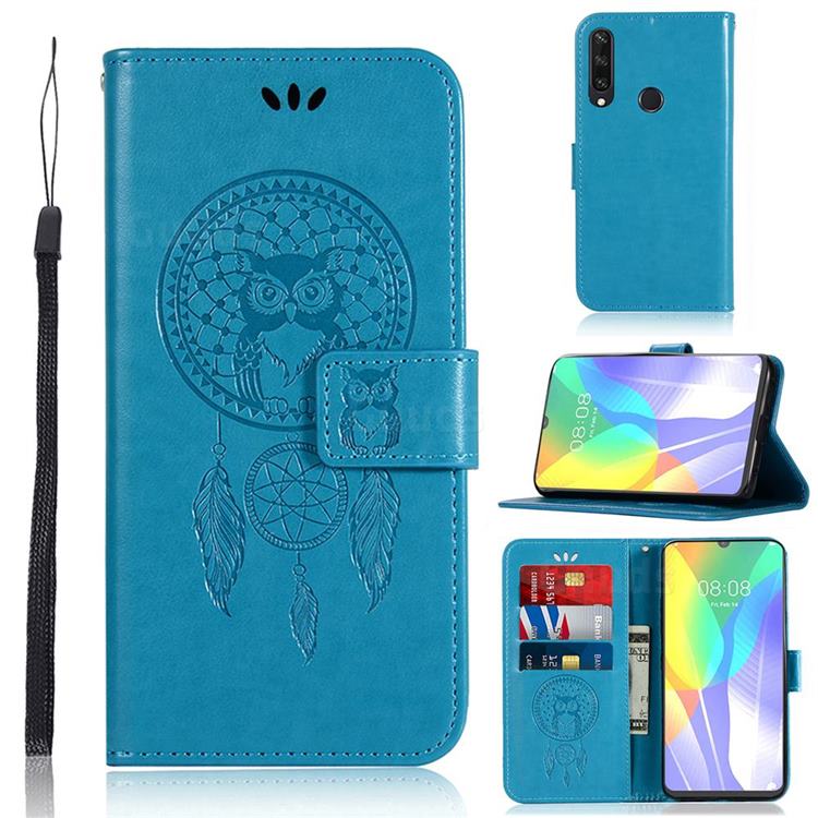 Intricate Embossing Owl Campanula Leather Wallet Case for Huawei Y6p - Blue