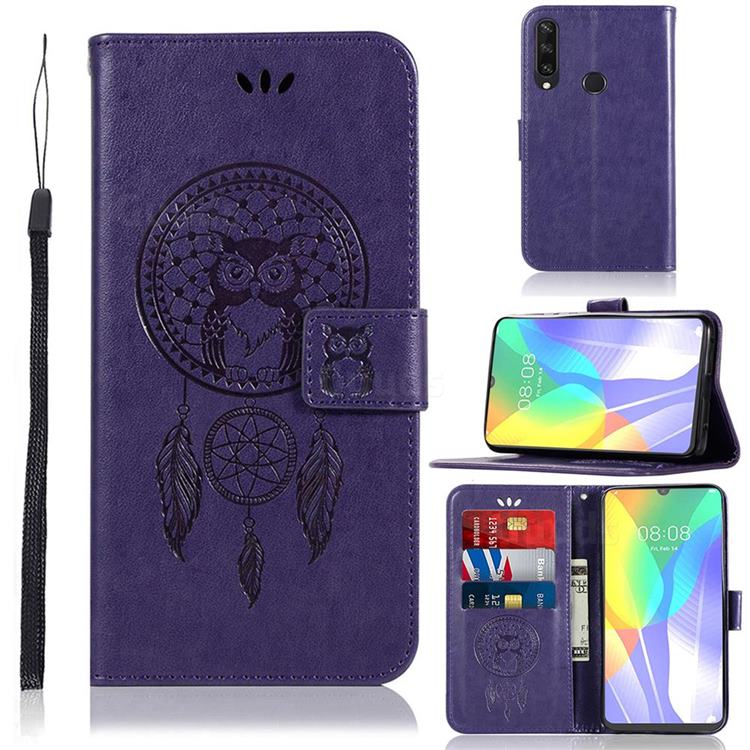 Intricate Embossing Owl Campanula Leather Wallet Case for Huawei Y6p - Purple