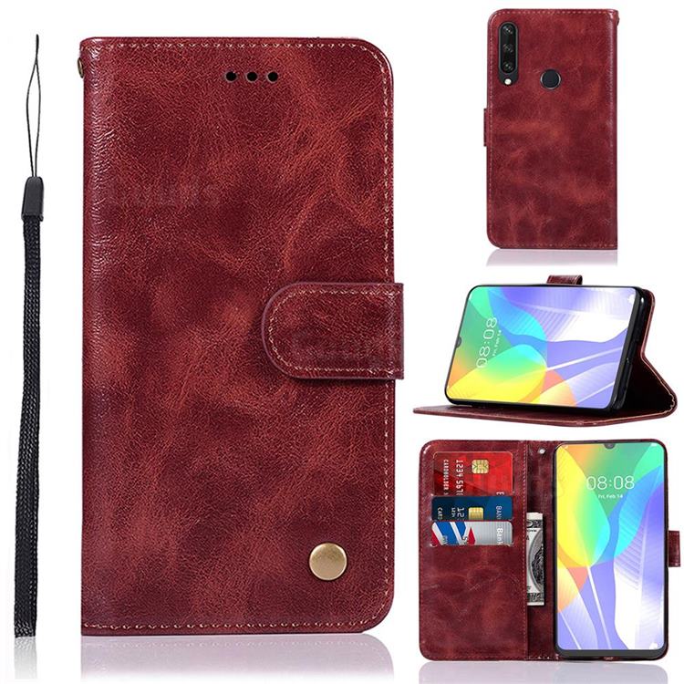 Luxury Retro Leather Wallet Case for Huawei Y6p - Wine Red