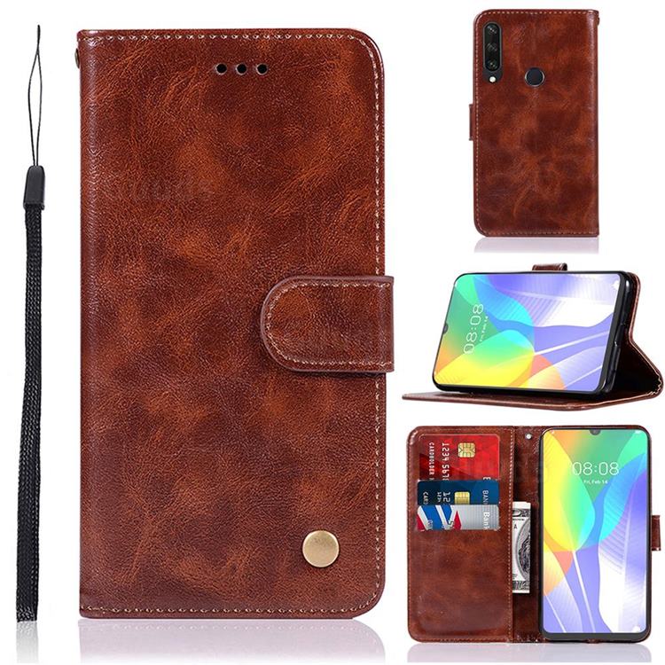 Luxury Retro Leather Wallet Case for Huawei Y6p - Brown