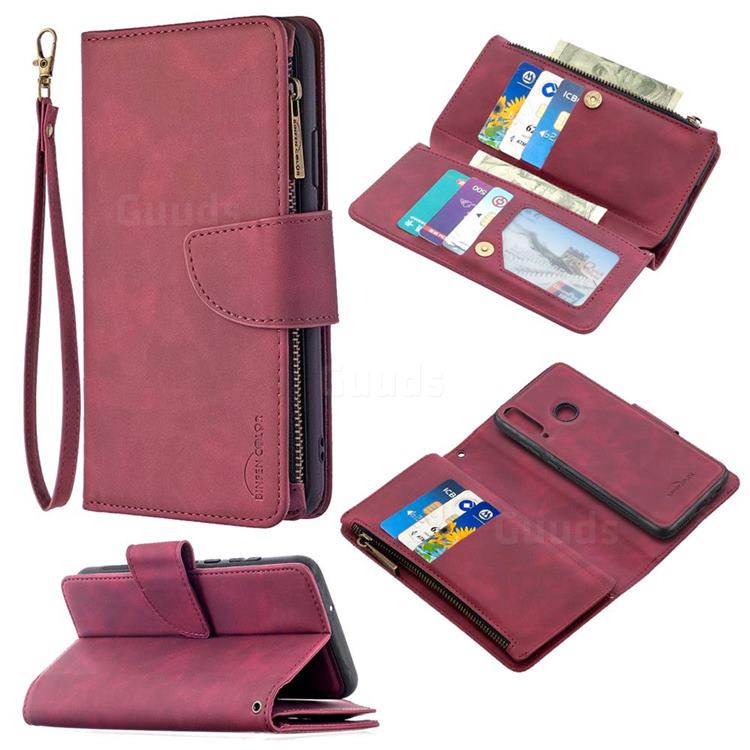 Binfen Color BF02 Sensory Buckle Zipper Multifunction Leather Phone Wallet for Huawei Y6p - Red Wine