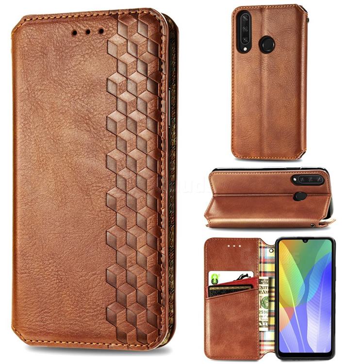 Ultra Slim Fashion Business Card Magnetic Automatic Suction Leather Flip Cover for Huawei Y6p - Brown