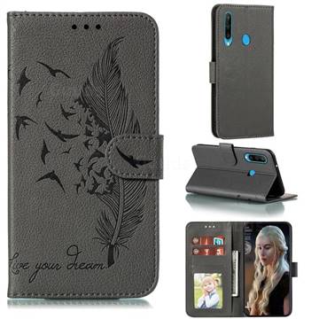 Intricate Embossing Lychee Feather Bird Leather Wallet Case for Huawei Y6p - Gray