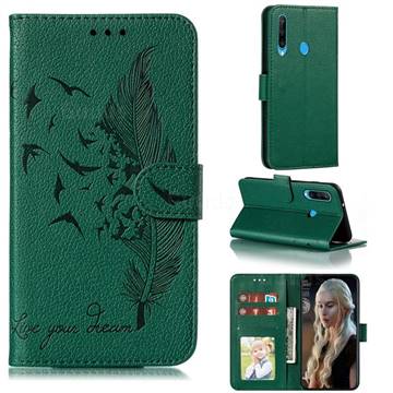 Intricate Embossing Lychee Feather Bird Leather Wallet Case for Huawei Y6p - Green
