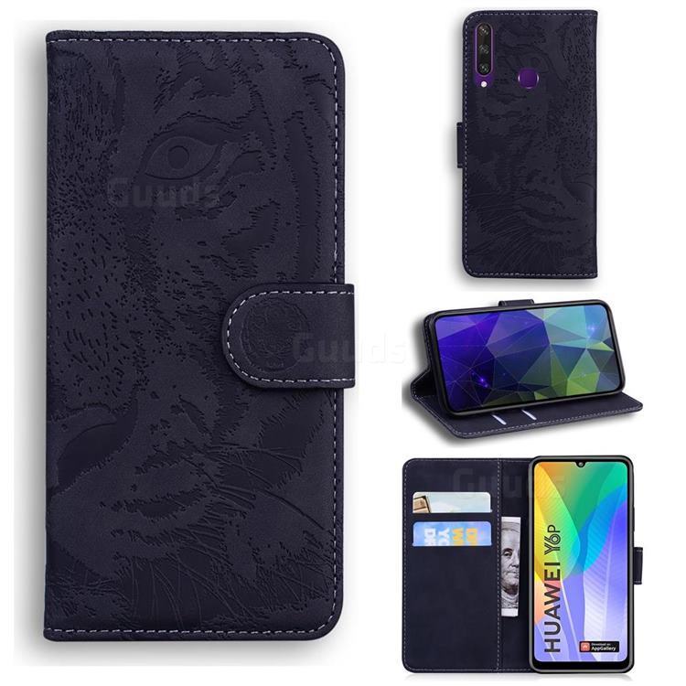 Intricate Embossing Tiger Face Leather Wallet Case for Huawei Y6p - Black
