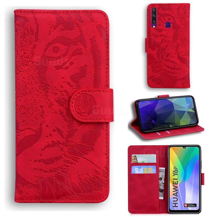Intricate Embossing Tiger Face Leather Wallet Case for Huawei Y6p - Red