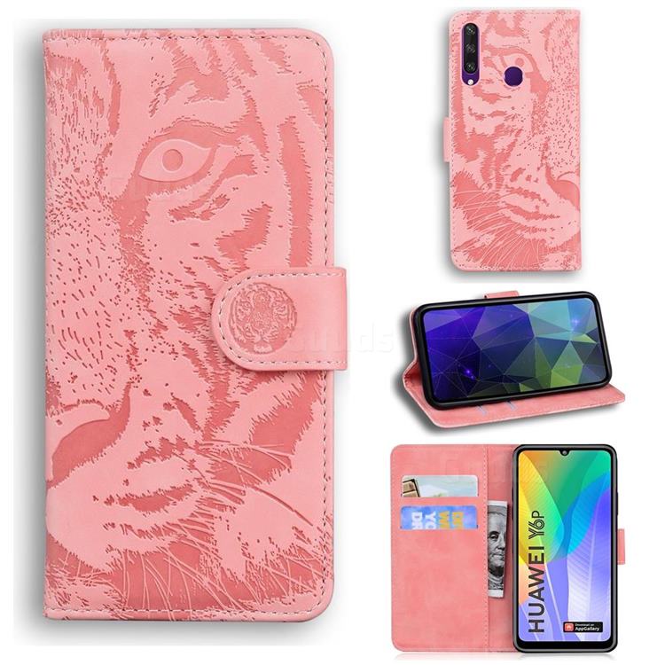 Intricate Embossing Tiger Face Leather Wallet Case for Huawei Y6p - Pink