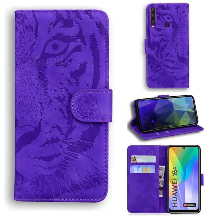 Intricate Embossing Tiger Face Leather Wallet Case for Huawei Y6p - Purple