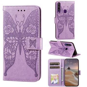 Intricate Embossing Rose Flower Butterfly Leather Wallet Case for Huawei Y6p - Purple