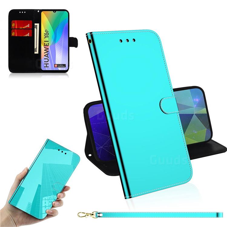 Shining Mirror Like Surface Leather Wallet Case for Huawei Y6p - Mint Green