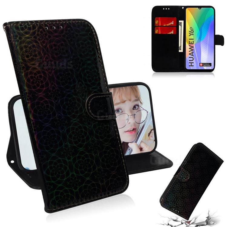 Laser Circle Shining Leather Wallet Phone Case for Huawei Y6p - Black