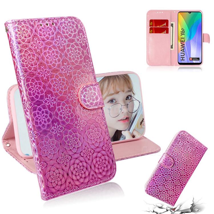 Laser Circle Shining Leather Wallet Phone Case for Huawei Y6p - Pink