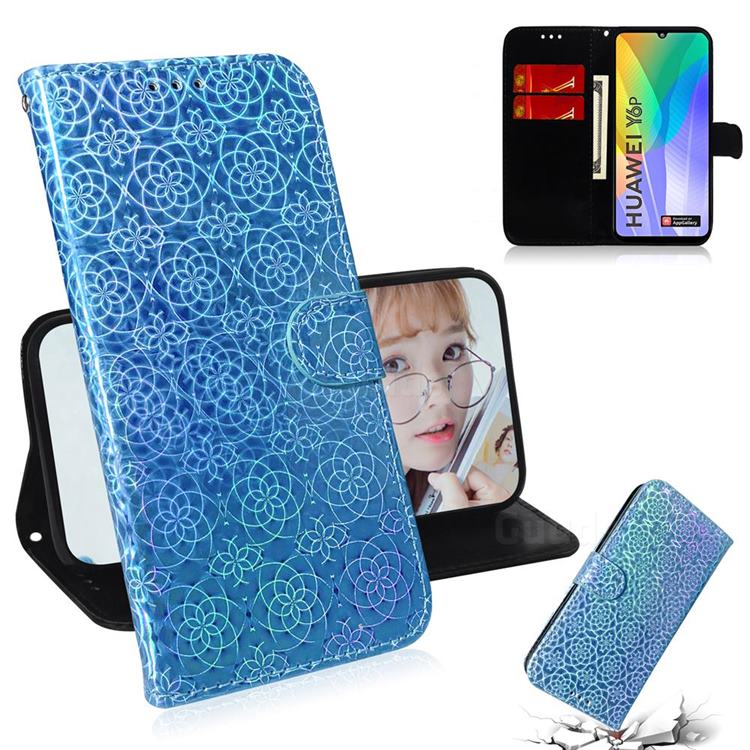 Laser Circle Shining Leather Wallet Phone Case for Huawei Y6p - Blue