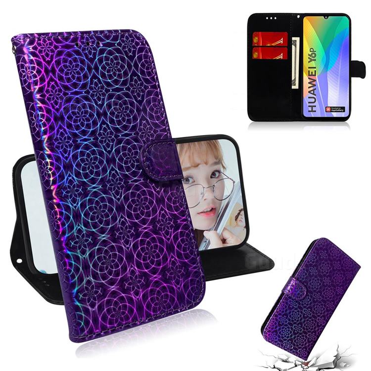 Laser Circle Shining Leather Wallet Phone Case for Huawei Y6p - Purple