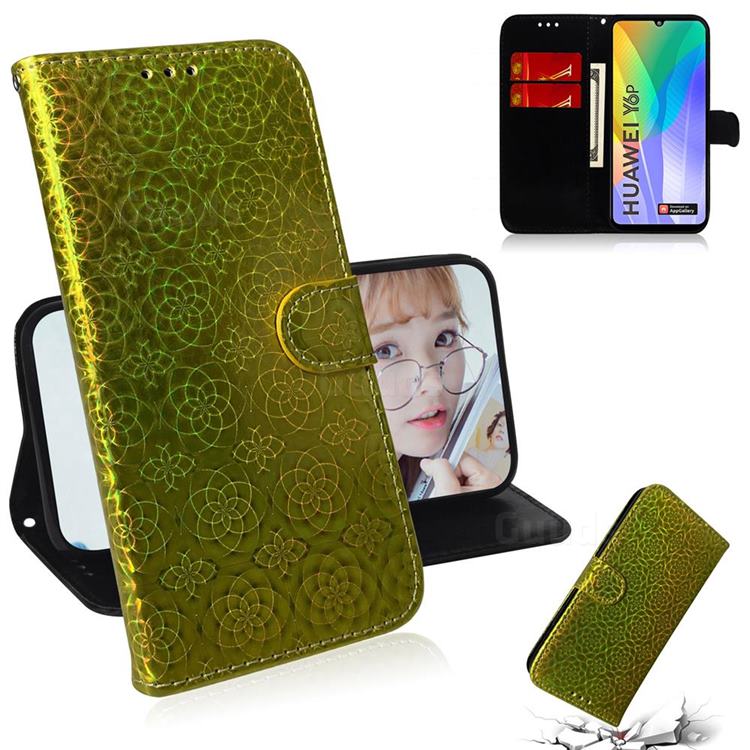 Laser Circle Shining Leather Wallet Phone Case for Huawei Y6p - Golden