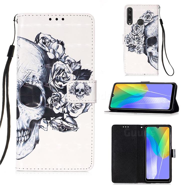 Skull Flower 3D Painted Leather Wallet Case for Huawei Y6p