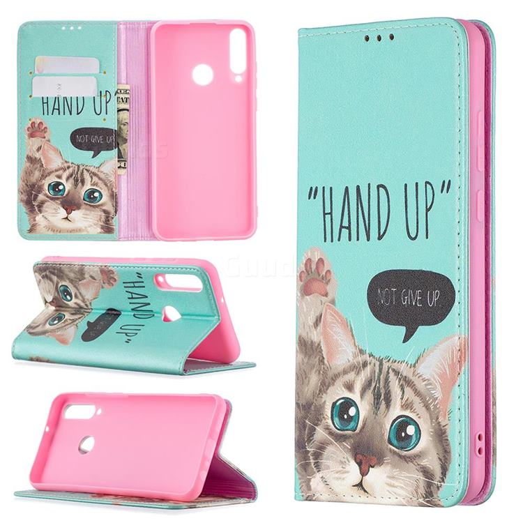 Hand Up Cat Slim Magnetic Attraction Wallet Flip Cover for Huawei Y6p
