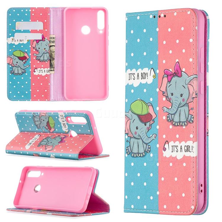 Elephant Boy and Girl Slim Magnetic Attraction Wallet Flip Cover for Huawei Y6p
