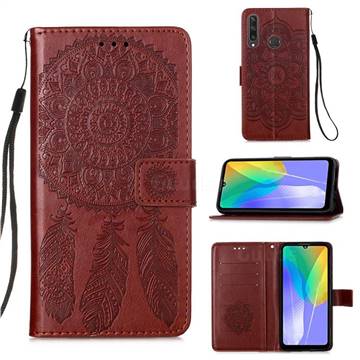 Embossing Dream Catcher Mandala Flower Leather Wallet Case for Huawei Y6p - Brown
