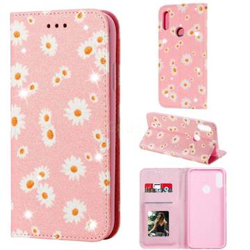 Ultra Slim Daisy Sparkle Glitter Powder Magnetic Leather Wallet Case for Huawei Y6s (2019) - Pink