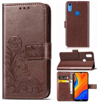 Embossing Imprint Four-Leaf Clover Leather Wallet Case for Huawei Y6s (2019) - Brown