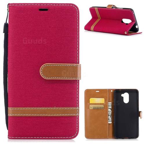 Jeans Cowboy Denim Leather Wallet Case for Huawei Y7(2017) - Red
