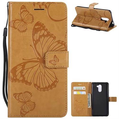 Embossing 3D Butterfly Leather Wallet Case for Huawei Y7(2017) - Yellow