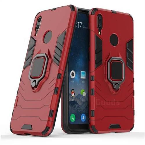 Black Panther Armor Metal Ring Grip Shockproof Dual Layer Rugged Hard Cover for Huawei Y7(2019) / Y7 Prime(2019) / Y7 Pro(2019) - Red