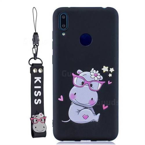 Black Flower Hippo Soft Kiss Candy Hand Strap Silicone Case for Huawei Y7(2019) / Y7 Prime(2019) / Y7 Pro(2019)