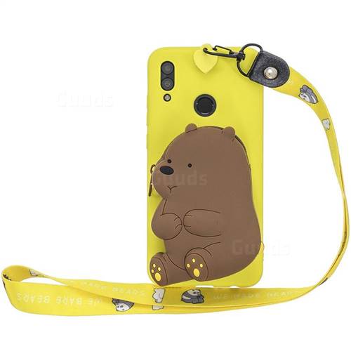 Yellow Bear Neck Lanyard Zipper Wallet Silicone Case for Huawei Y7(2019) / Y7 Prime(2019) / Y7 Pro(2019)