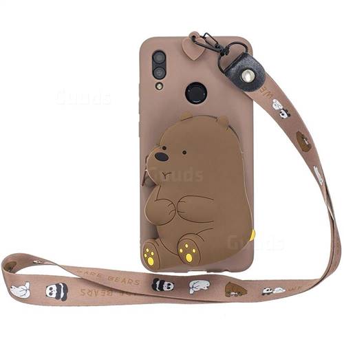 Brown Bear Neck Lanyard Zipper Wallet Silicone Case for Huawei Y7(2019) / Y7 Prime(2019) / Y7 Pro(2019)