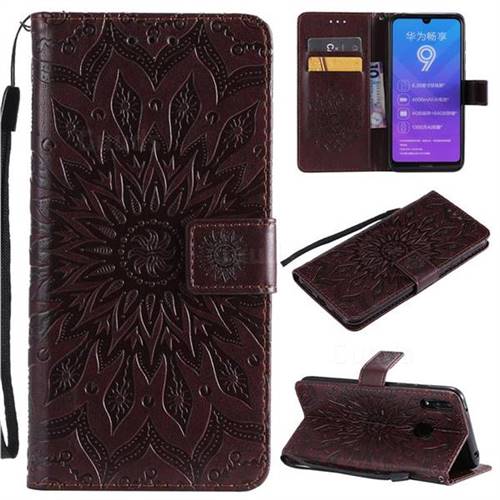 Embossing Sunflower Leather Wallet Case for Huawei Y7(2019) / Y7 Prime(2019) / Y7 Pro(2019) - Brown