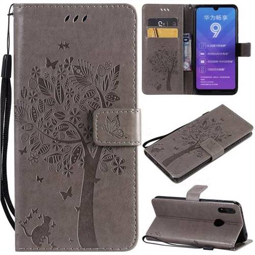 Embossing Butterfly Tree Leather Wallet Case for Huawei Y7(2019) / Y7 Prime(2019) / Y7 Pro(2019) - Grey