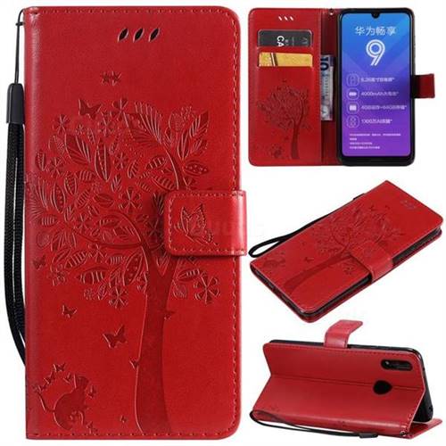 Embossing Butterfly Tree Leather Wallet Case for Huawei Y7(2019) / Y7 Prime(2019) / Y7 Pro(2019) - Red