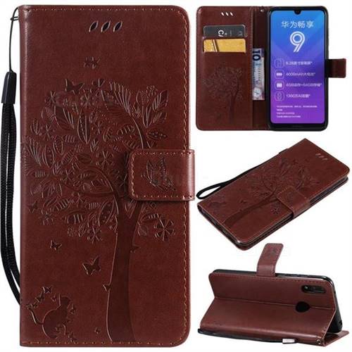 Embossing Butterfly Tree Leather Wallet Case for Huawei Y7(2019) / Y7 Prime(2019) / Y7 Pro(2019) - Coffee