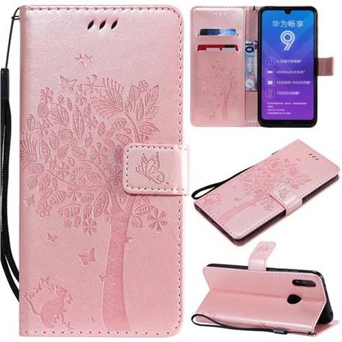 Embossing Butterfly Tree Leather Wallet Case for Huawei Y7(2019) / Y7 Prime(2019) / Y7 Pro(2019) - Rose Pink